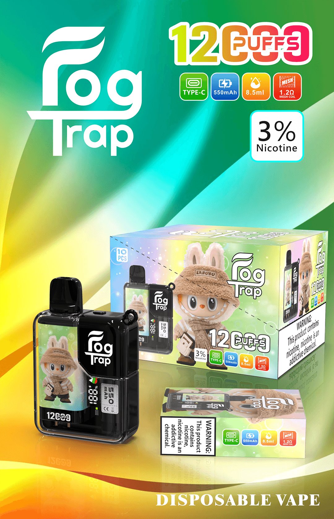 Fog Trap 12000 LABUBU & 蠟筆小新跨界新作 雙模式動力切換 850mAh高效續航 8.5ml油電量一目了然 台灣現貨【買10送1】:圖片 4